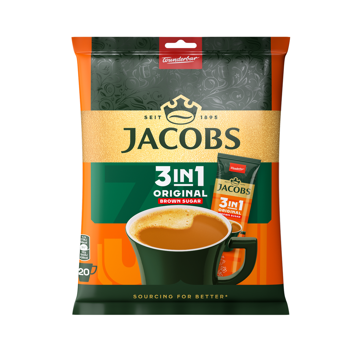 Разтворимо кафе JACOBS 3in1 Original Brown Sugar плик 20 бр.